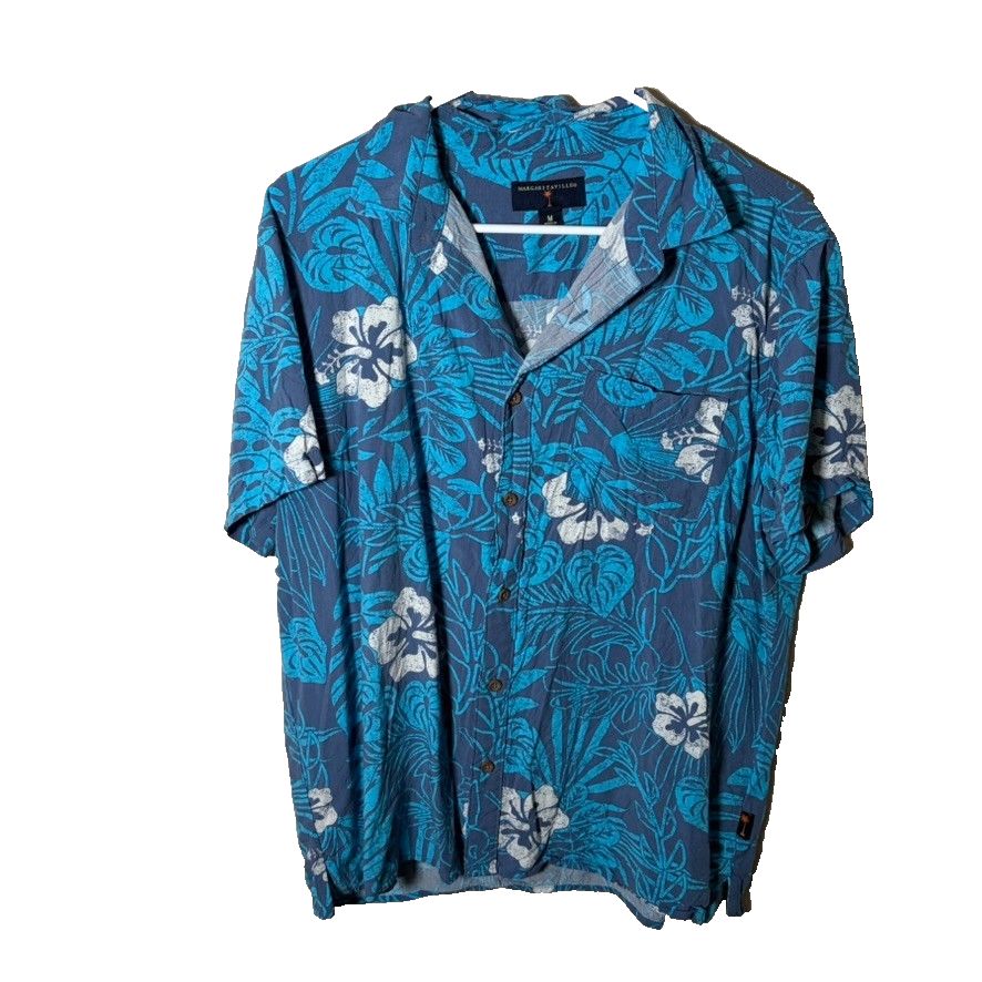 Margaritaville Shirt Men's Medium Blue Floral Resort Vacation Hawaiian Button
